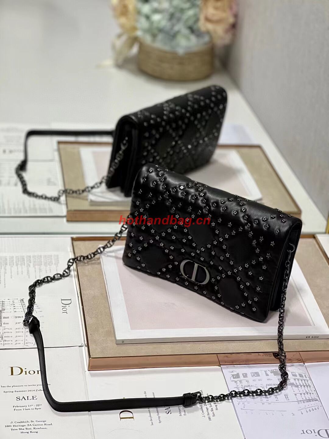 DIOR CARO MACROCANNAGE POUCH Macrocannage Calfskin with Star Motif S5135UNH black