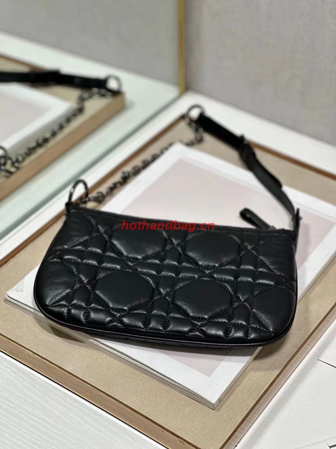 MINI DIOR CARO TULIP BAG Black Quilted Macrocannage Calfskin S5139B