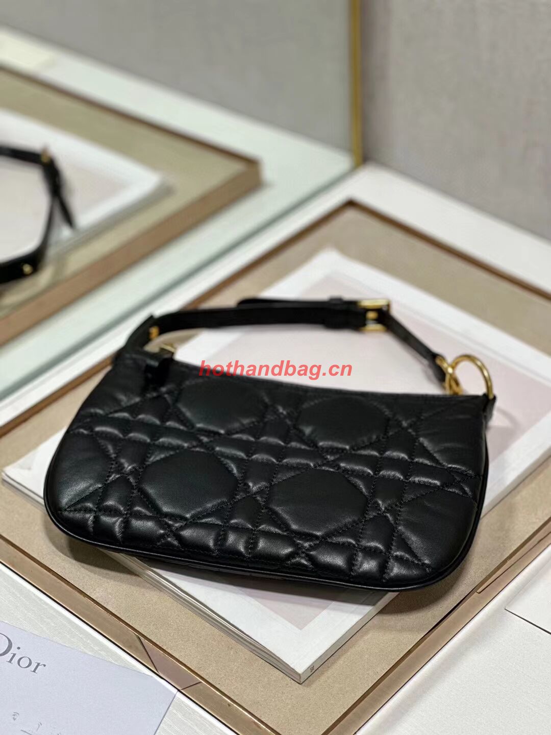 MINI DIOR CARO TULIP BAG Black Quilted Macrocannage Calfskin S5139Bb