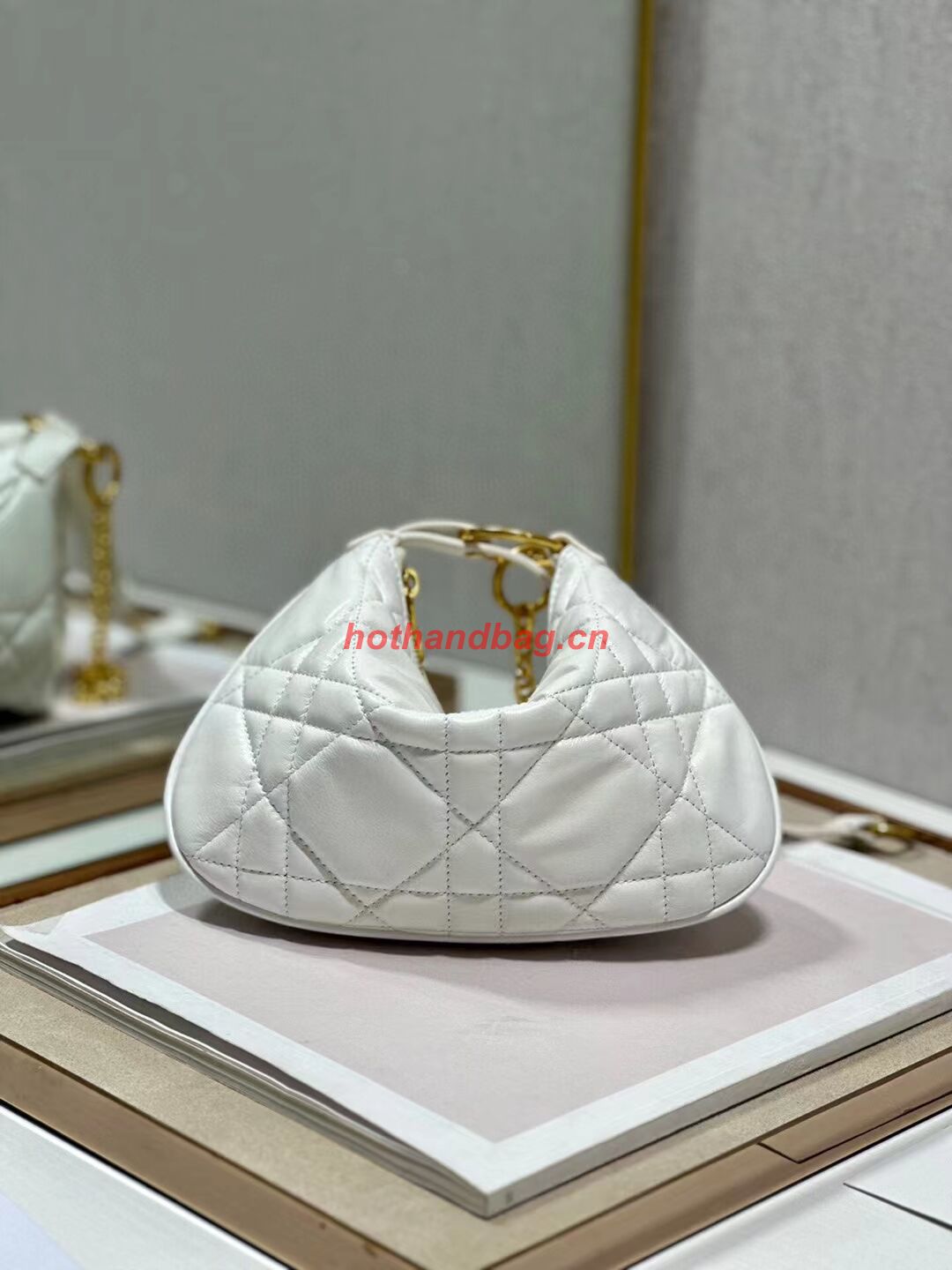 MINI DIOR CARO TULIP BAG Latte Quilted Macrocannage Calfskin S5139BF