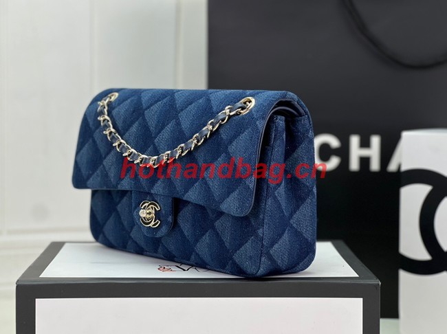 Chanel CLASSIC HANDBAG Printed Denim & Gold-Tone Metal A01112 Dark Blue