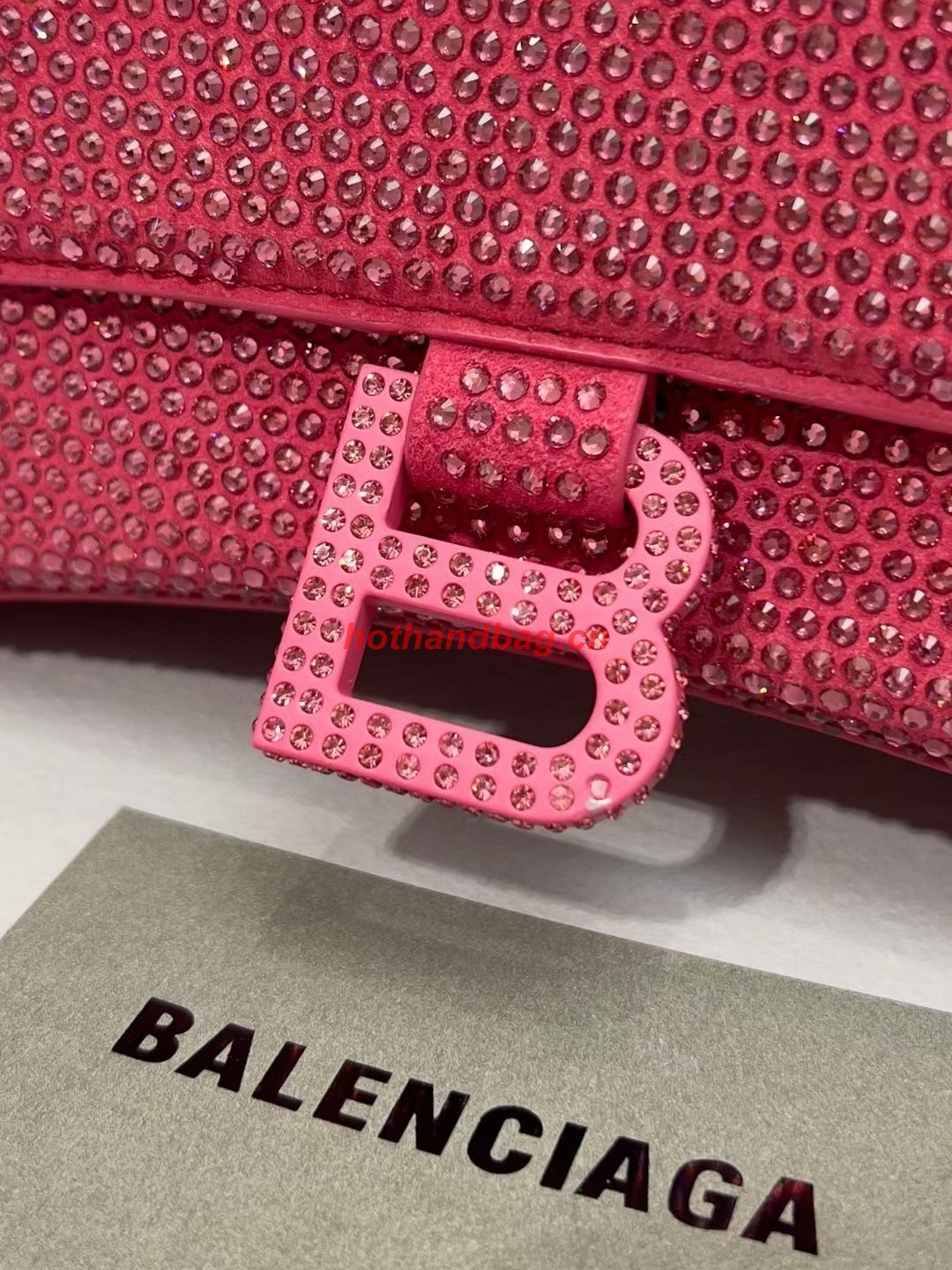 Balenciaga WOMENS HOURGLASS SMALL HANDBAG WITH RHINESTONES 592834 pink