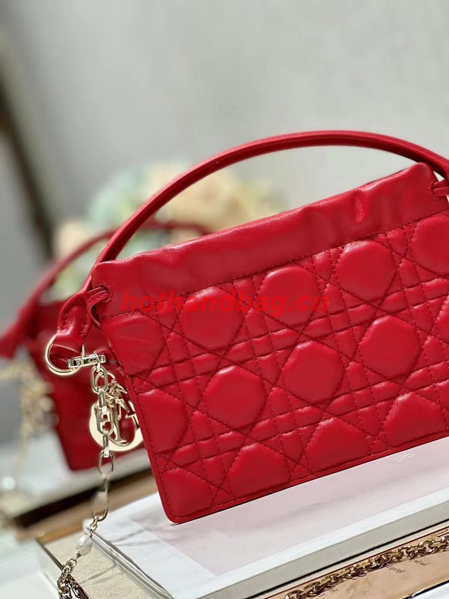 LADY DIOR TOP HANDLE DRAWSTRING MINI BAG Scarlet Red Cannage Lambskin S0981ON