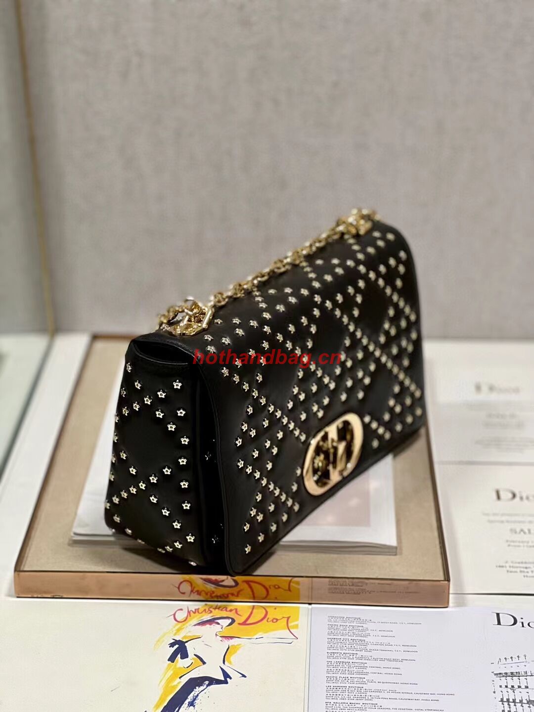 DIOR CARO MACROCANNAGE POUCH Macrocannage Calfskin with Star Motif C3136 black&gold