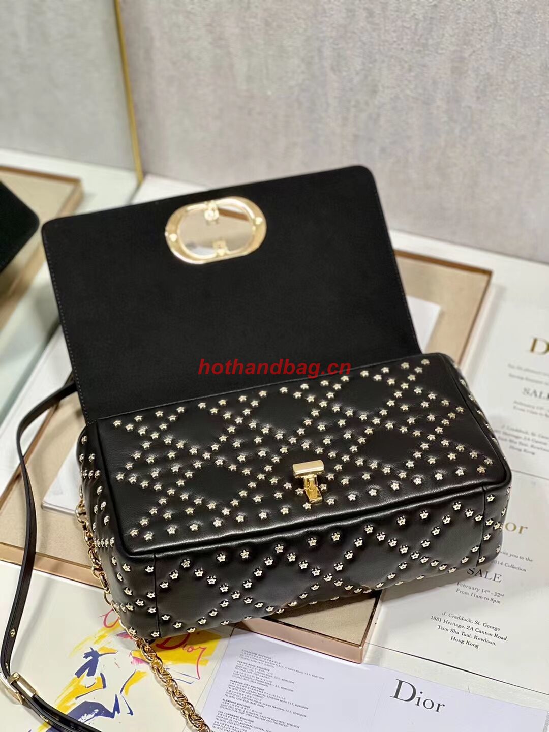 DIOR CARO MACROCANNAGE POUCH Macrocannage Calfskin with Star Motif C3136 black&gold