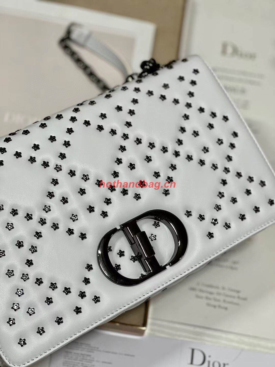 DIOR CARO MACROCANNAGE POUCH Macrocannage Calfskin with Star Motif C3136 white&black