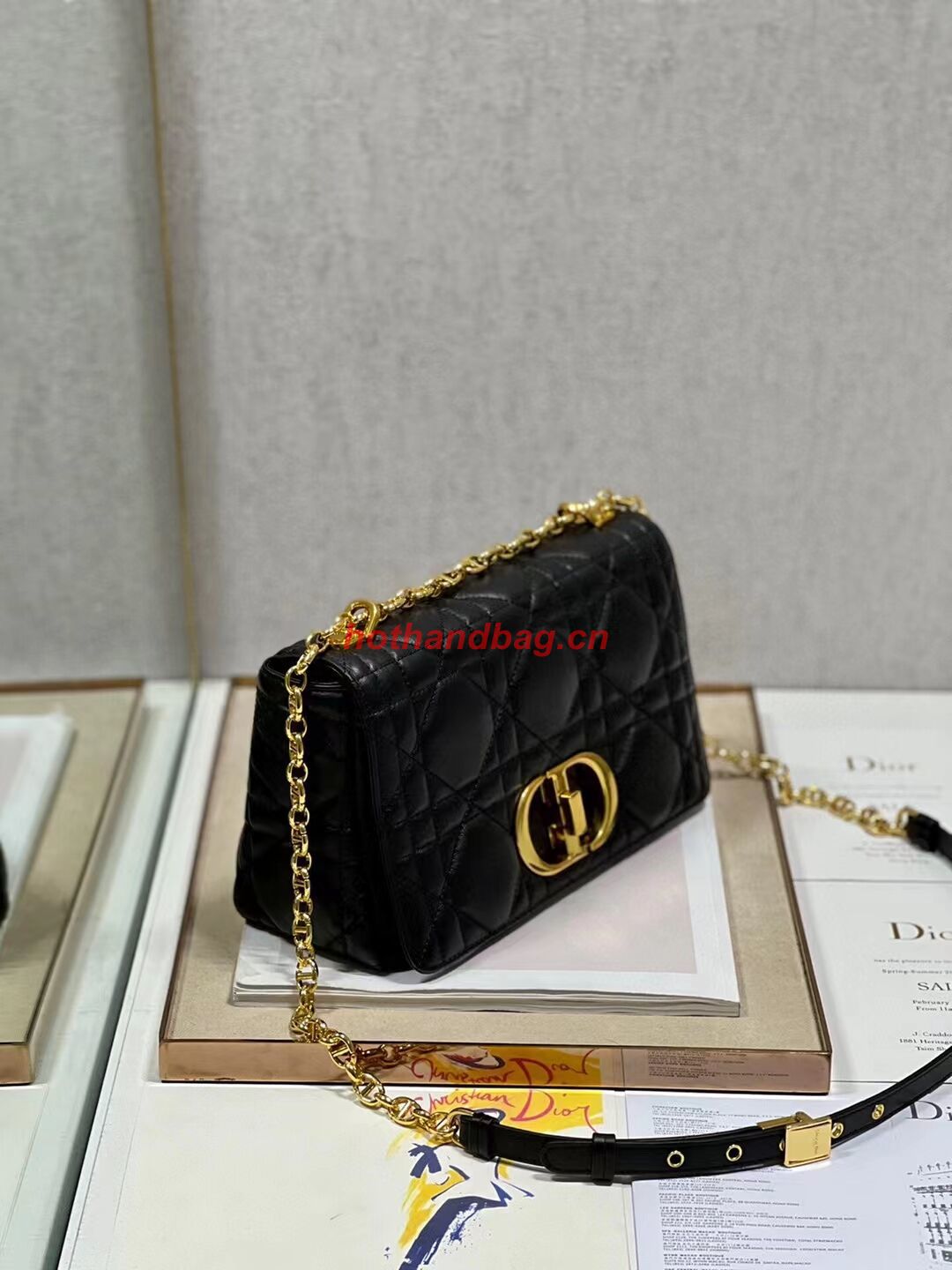 MEDIUM DIOR CARO BAG Supple Cannage Calfskin M9242U black&gold