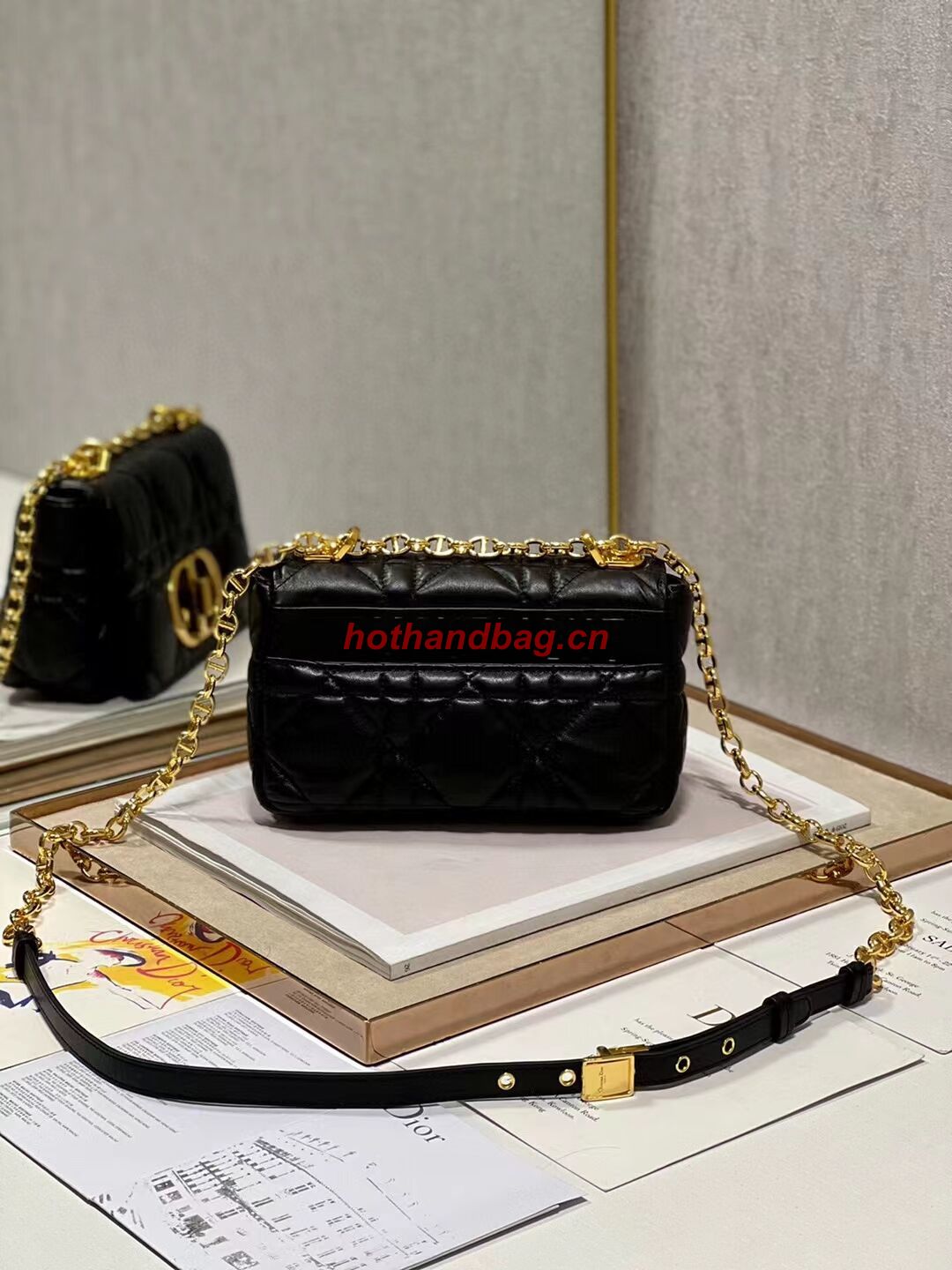 SMALL DIOR CARO BAG Supple Cannage Calfskin M9241U black&gold