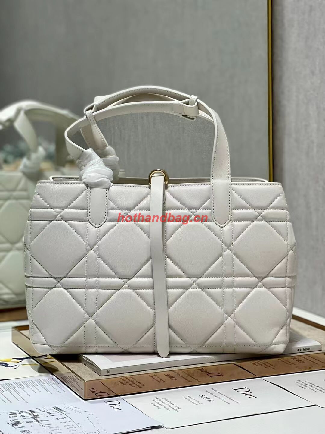 DIOR TOP HANDLE MEDIUM BAG Latte Cannage Lambskin C0089 WHITE&GOLD