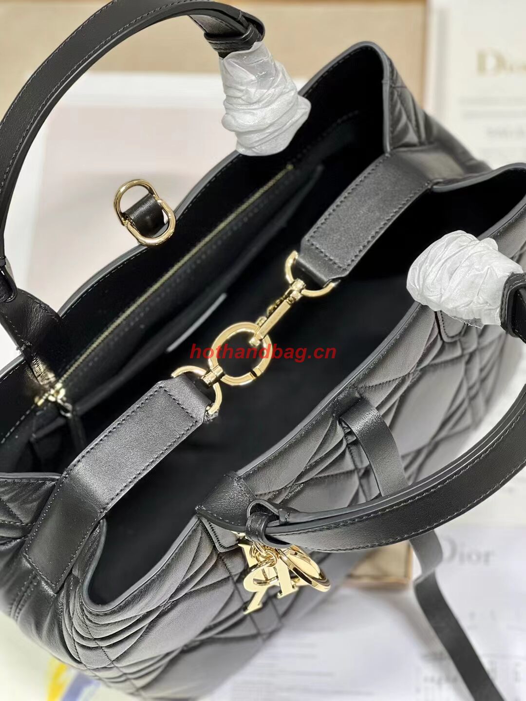 LADY DIOR TOP HANDLE MEDIUM BAG Latte Cannage Lambskin C0089 BLACK&GOLD