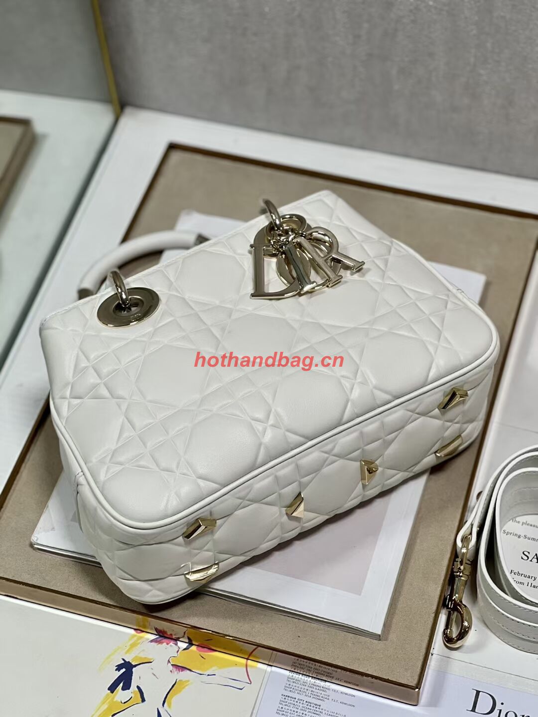 LADY DIOR TOP HANDLE MEDIUM BAG Latte Cannage Lambskin C9227 WHITE&GOLD