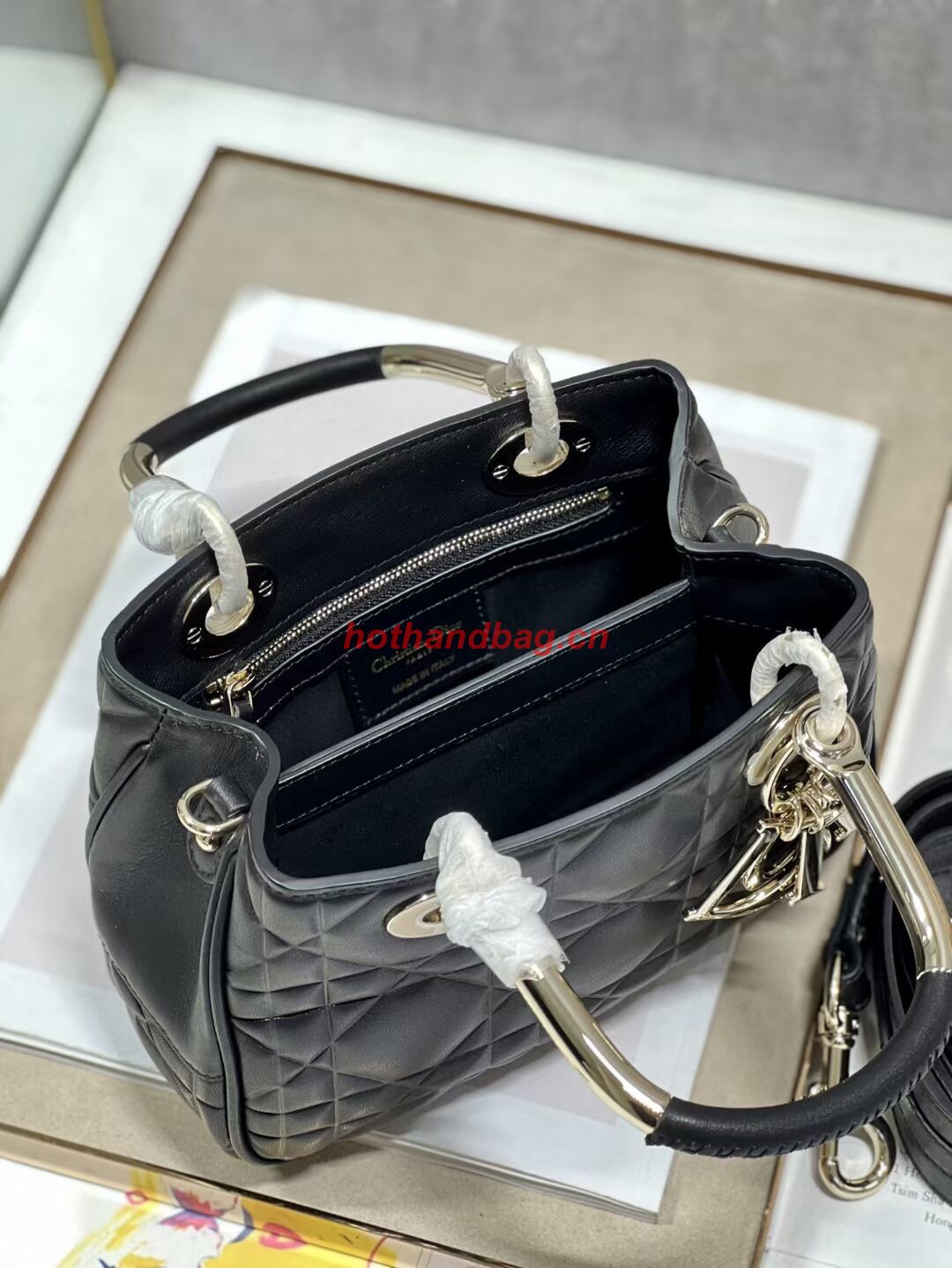 LADY DIOR TOP HANDLE SMALL BAG Cannage Lambskin C9228 BLACK&GOLD