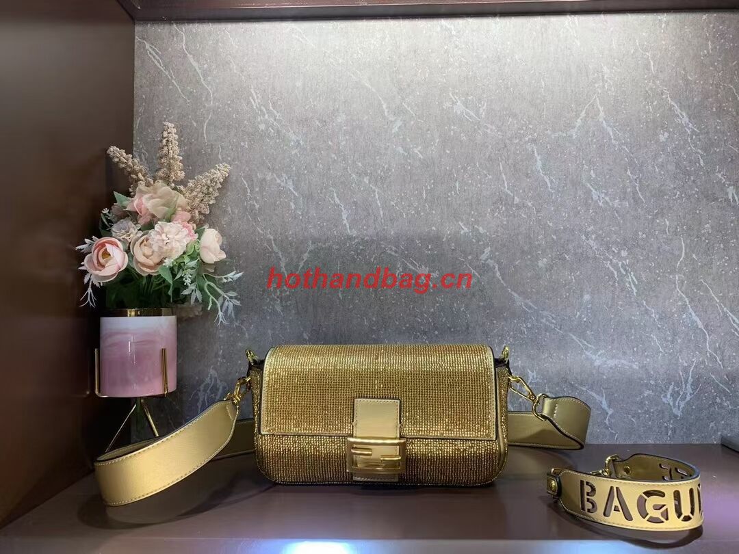 Fendi Baguette crystals and leather bag F0961 gold