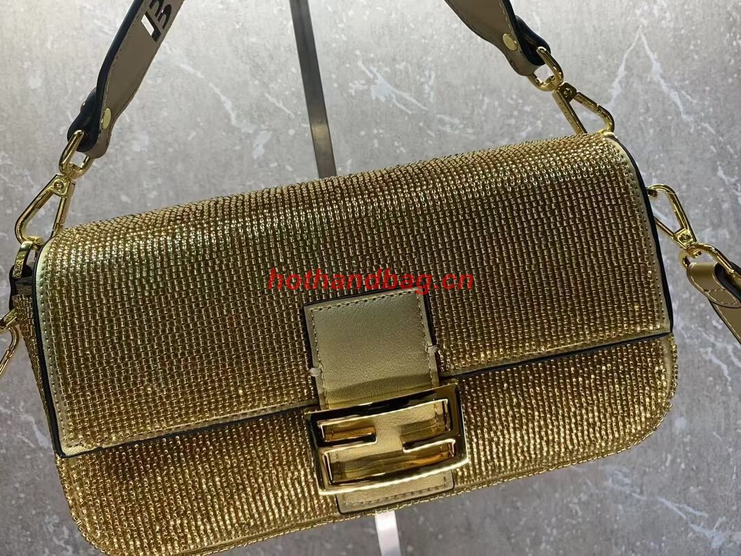 Fendi Baguette crystals and leather bag F0961 gold