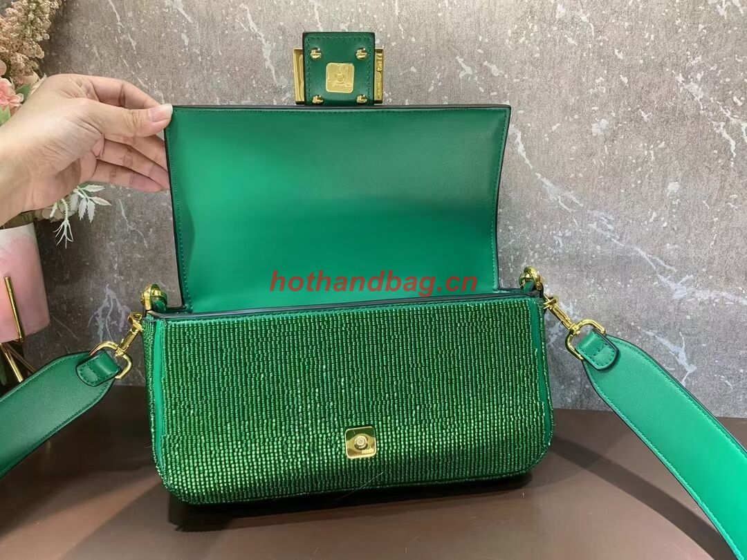 Fendi Baguette crystals and leather bag F0961 green