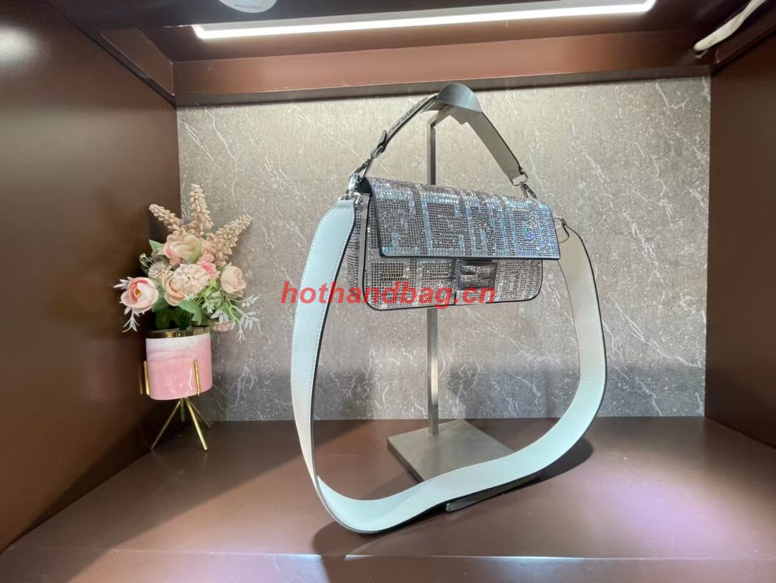 Fendi Baguette crystals and leather bag F0961 silvery