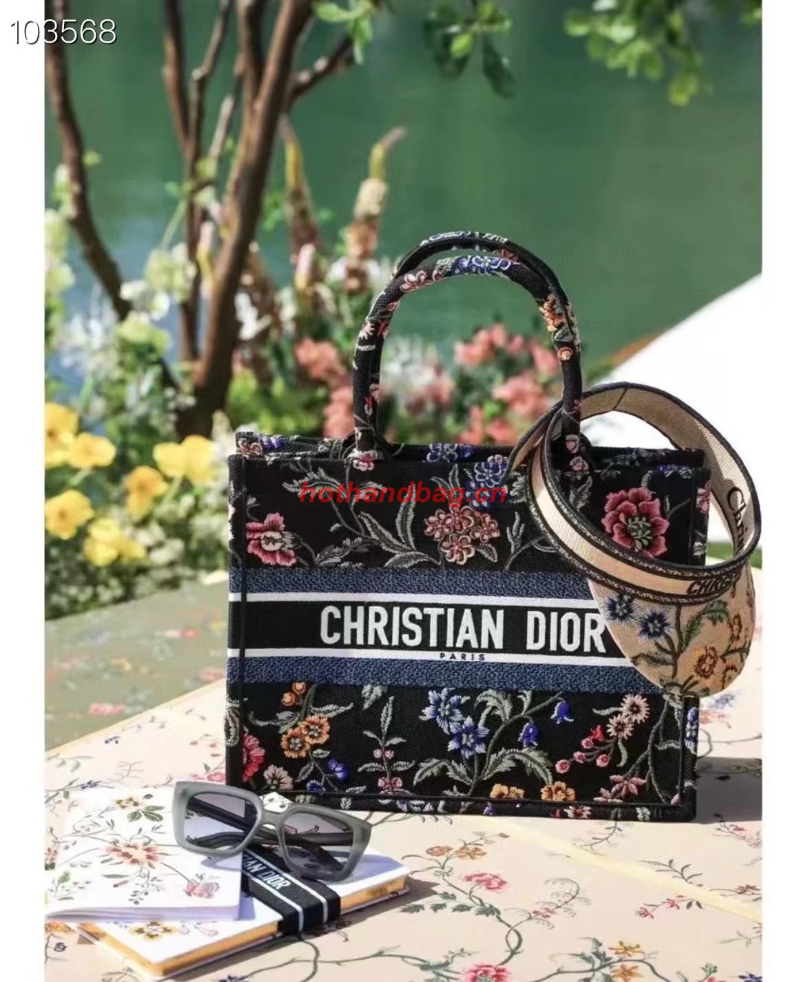 MEDIUM DIOR BOOK TOTE Black Multicolor Dior Petites Fleurs Embroidery M1296Z-33