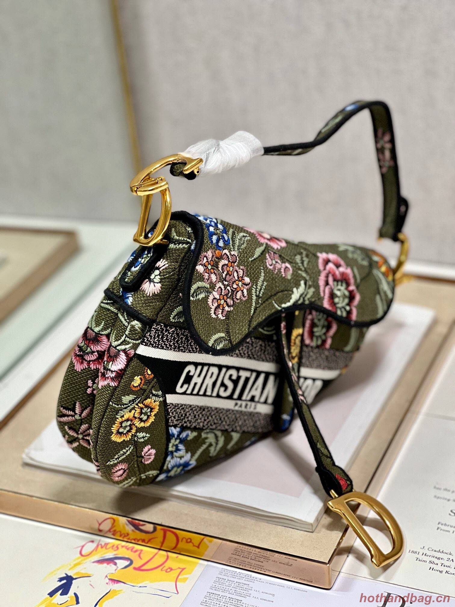 DIOR SADDLE BAG Green Multicolor Dior Petites Fleurs Embroidery M0446C