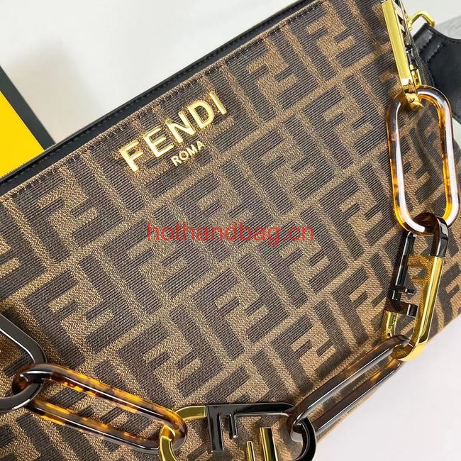 Fendi O Lock Zipper Brown FF jacquard fabric and leather bag F1068