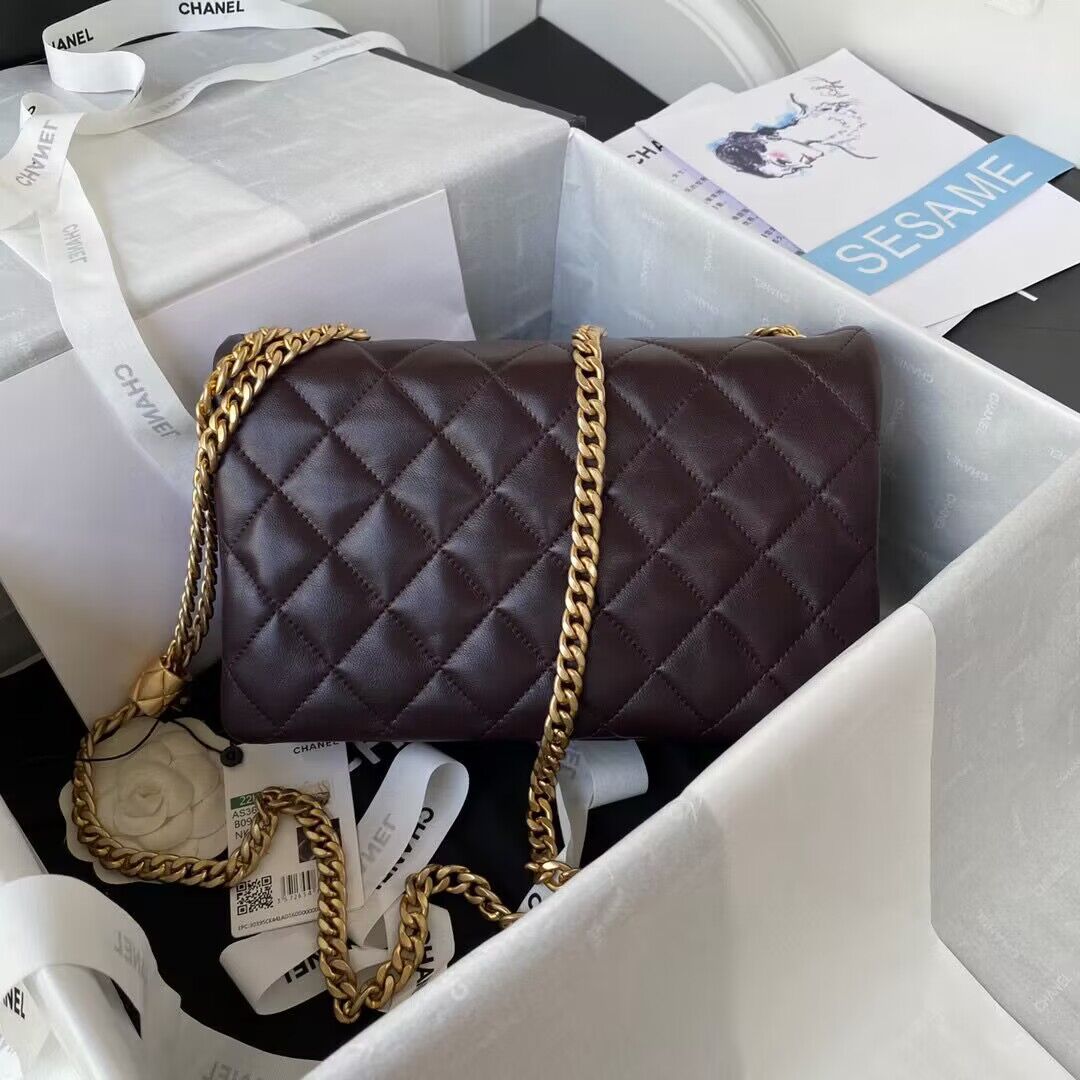 CHANEL FLAP BAG Lambskin & Gold-Tone Metal AS3609 Dark Brown