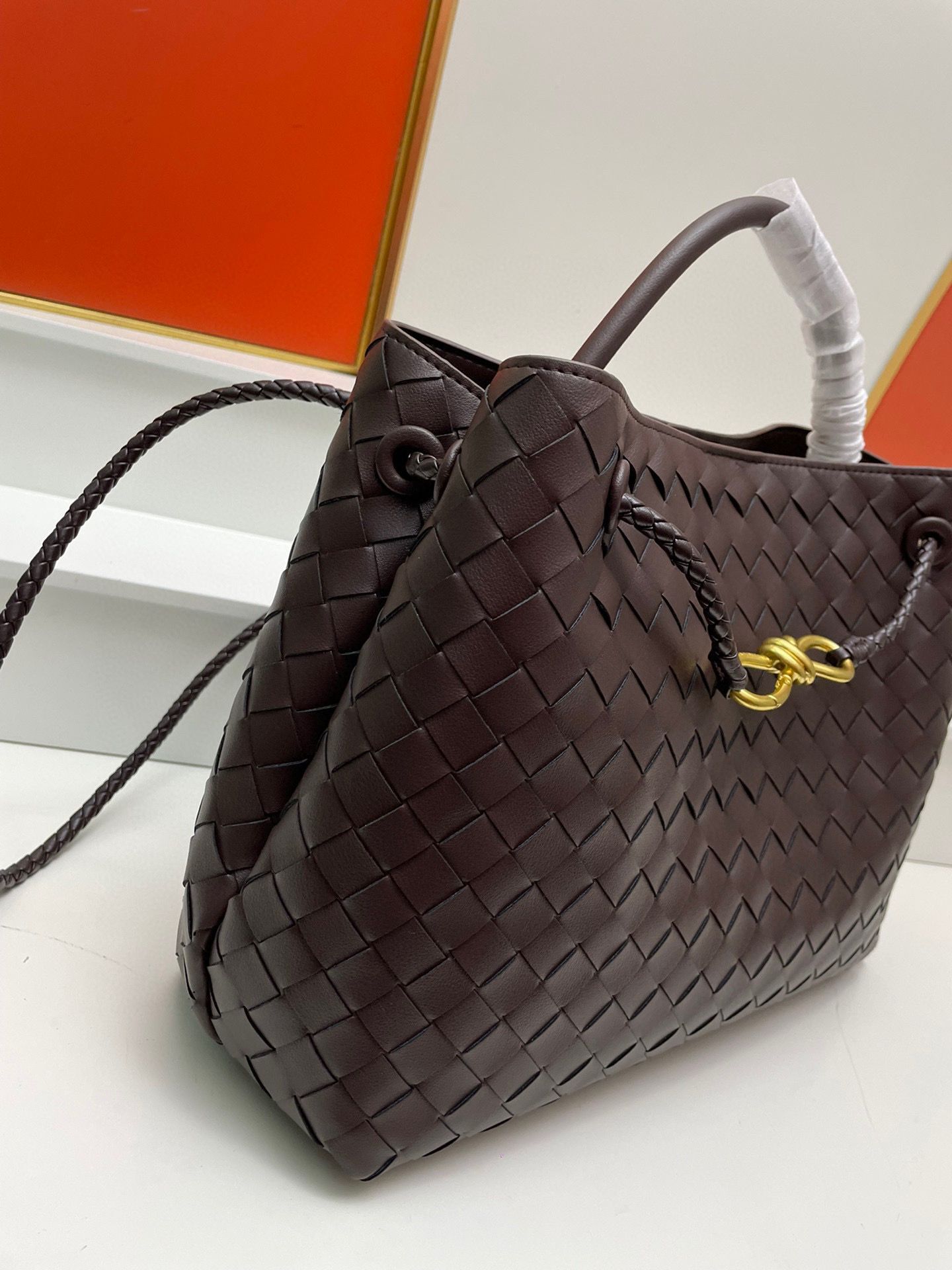 Bottega Veneta Andiamo Small Intrecciato Leather Tote 743572 Dark Brown