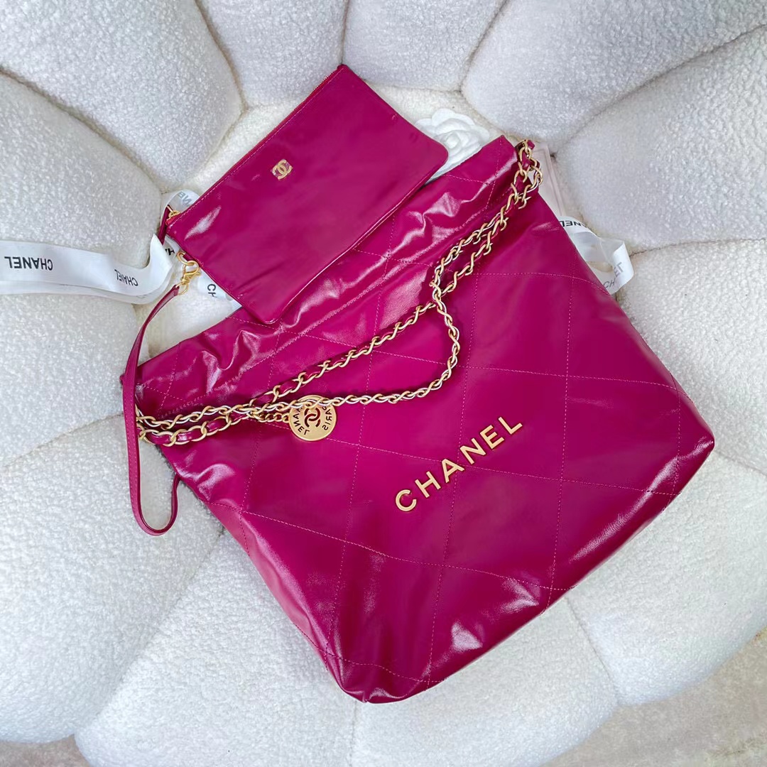 CHANEL 22 HANDBAG Shiny Calfskin & Gold-Tone Metal AS3261 Dark Pink