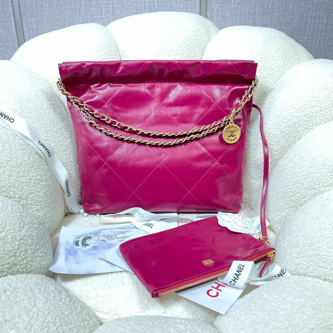 CHANEL 22 HANDBAG Shiny Calfskin & Gold-Tone Metal AS3261 Dark Pink