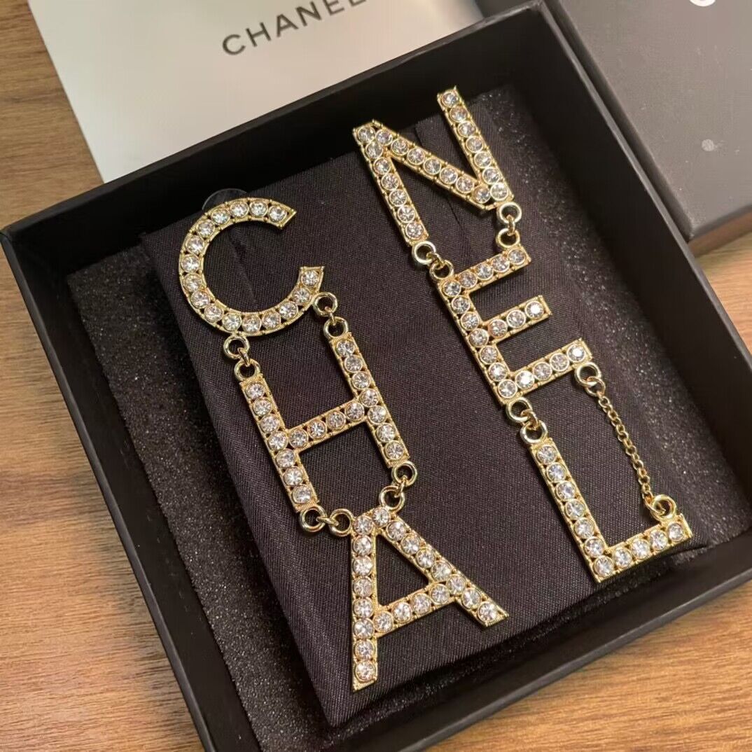 Chanel Crystal Leather Logo Statement Dangle Earrings CE50312 Gold