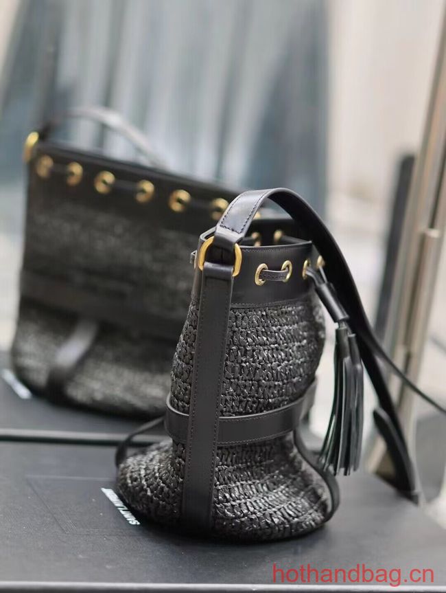 SAINT LAURENT IN RAFFIA AND LEATHER Shoulder Bag Y998223 BLACK