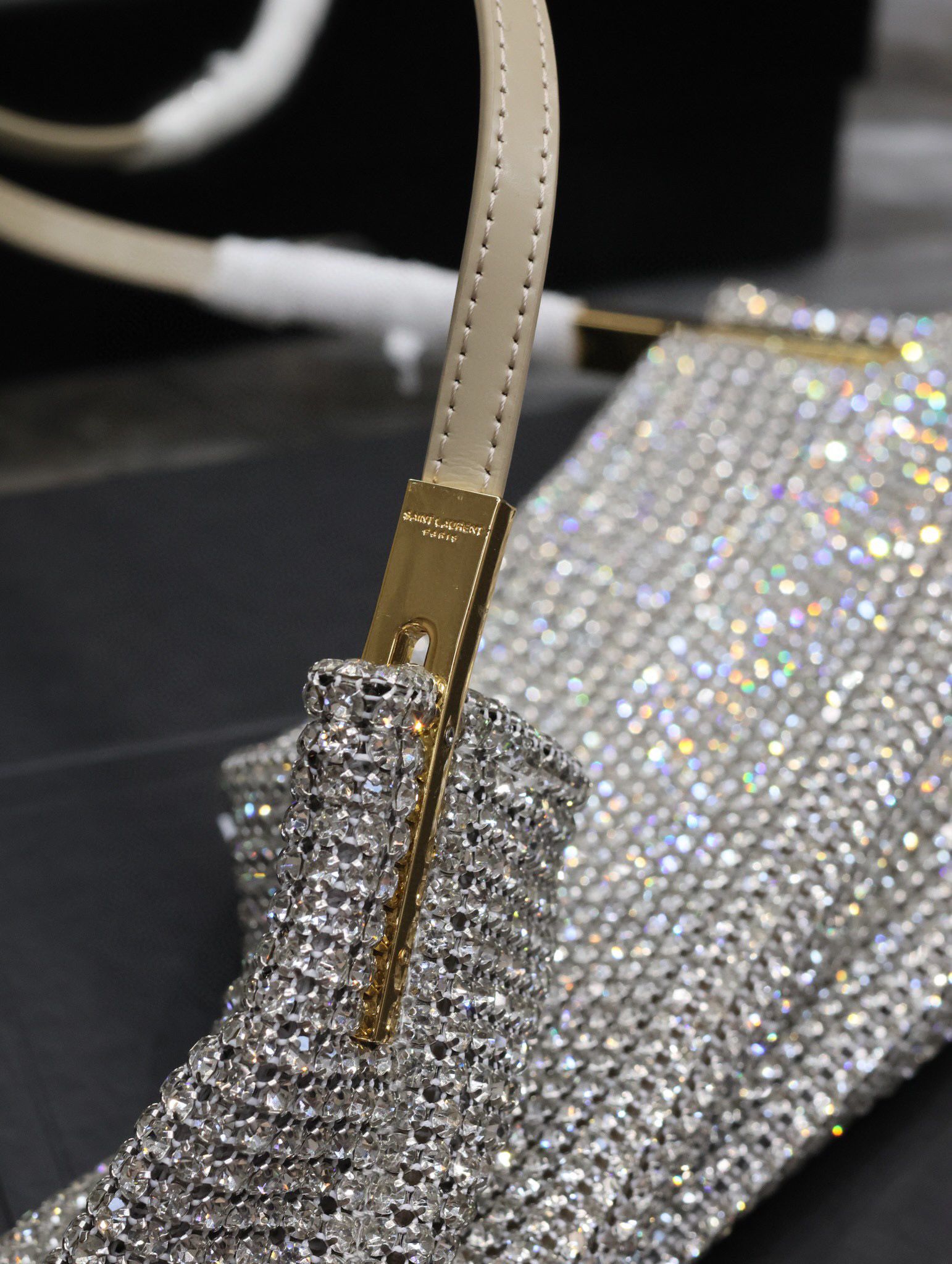 Yves Saint Laurent Suzanne Small In Rhinestones Mesh And Satin Shoulder Bag 741637 Silver