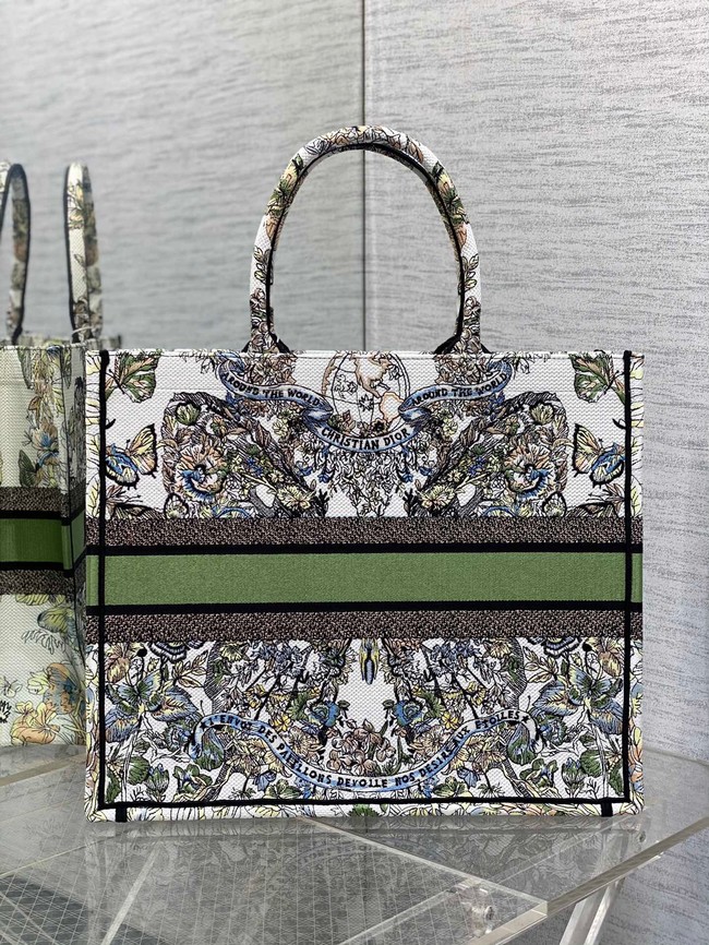 LARGE DIOR BOOK TOTE green Butterfly Around The World Embroidery M1286ZES