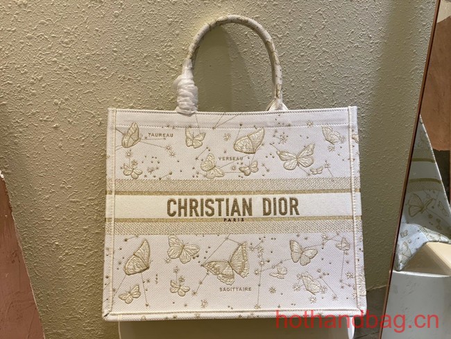 LARGE DIOR BOOK TOTE Gold-Tone and White Butterfly Zodiac Embroidery M1286ZT