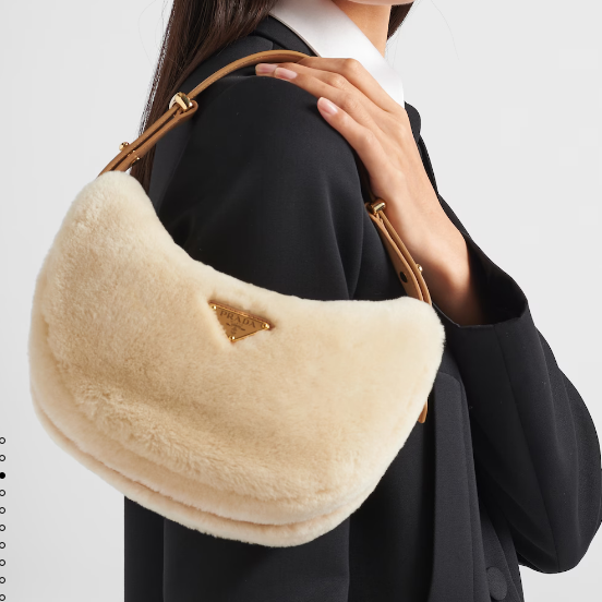 Prada Arque shearling and leather shoulder bag 1BC194 Ecru&Noisette