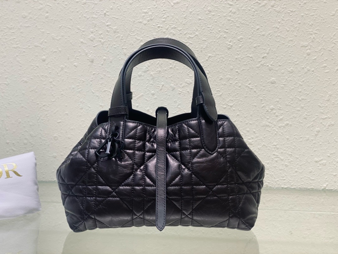 Small Dior Toujours Bag Black Macrocannage Crinkled Calfskin M2822O