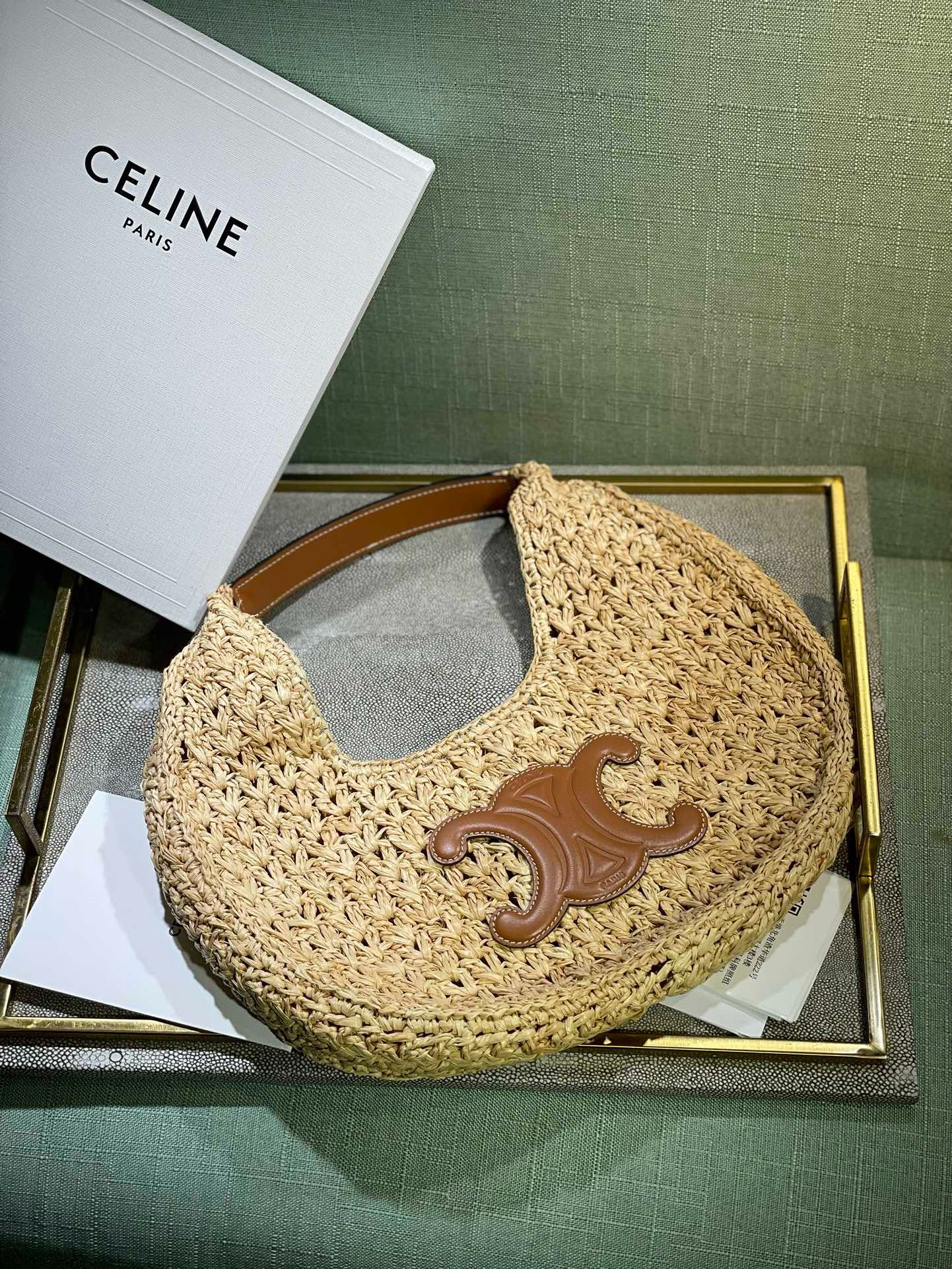 CELINE CLASSIC PANIER HOBO BAG IN RAFFIA AND CALFSKIN 112772 NATURAL & TAN