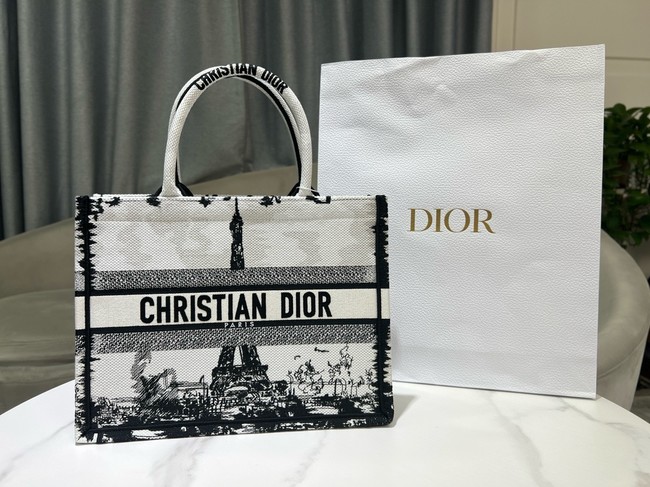 Medium Dior Book Tote White and Black Paris Embroidery M1296ZEG