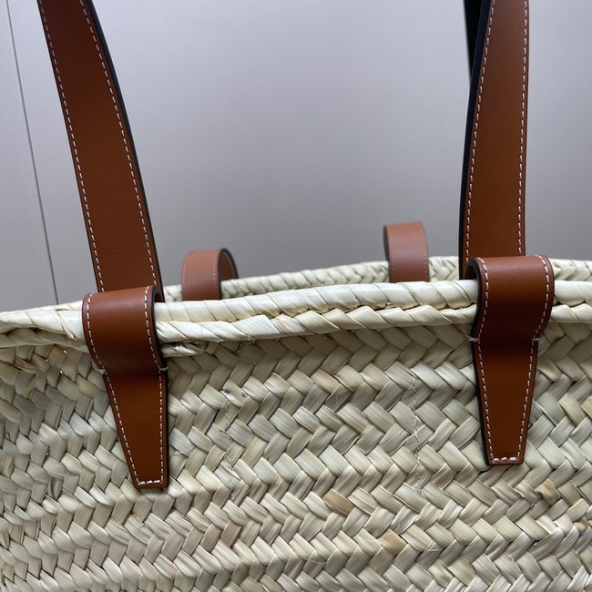 CELINE MEDIUM SUPPLE CELINE CLASSIC PANIER IN RAFFIA AND CALFSKIN 192622 TAN