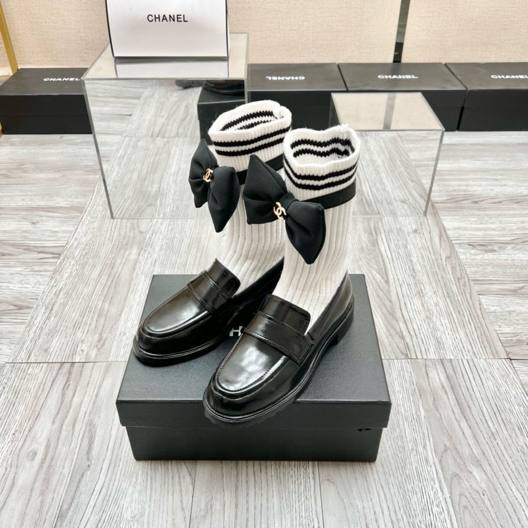 Chanel 2023 Socks Shoes Loafers 2CM Heels C85922 Black