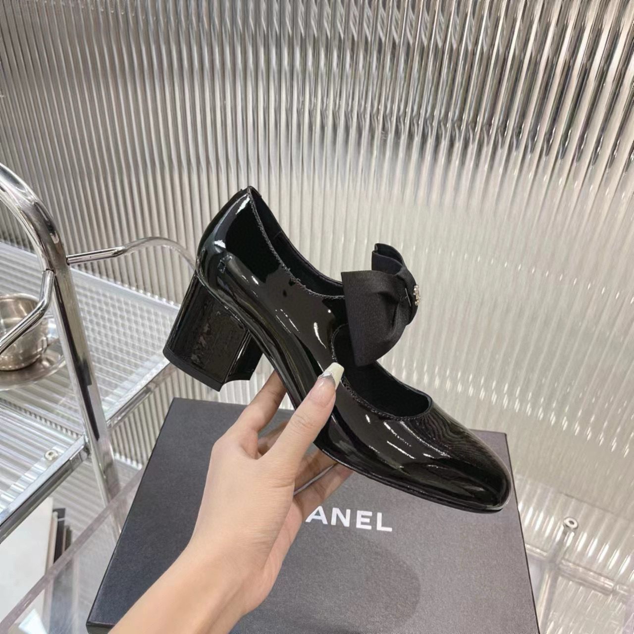 Chanel 24C Bow Mary Jane Shoes Original Patent Calf Leather 55MM Heels C85923 Black