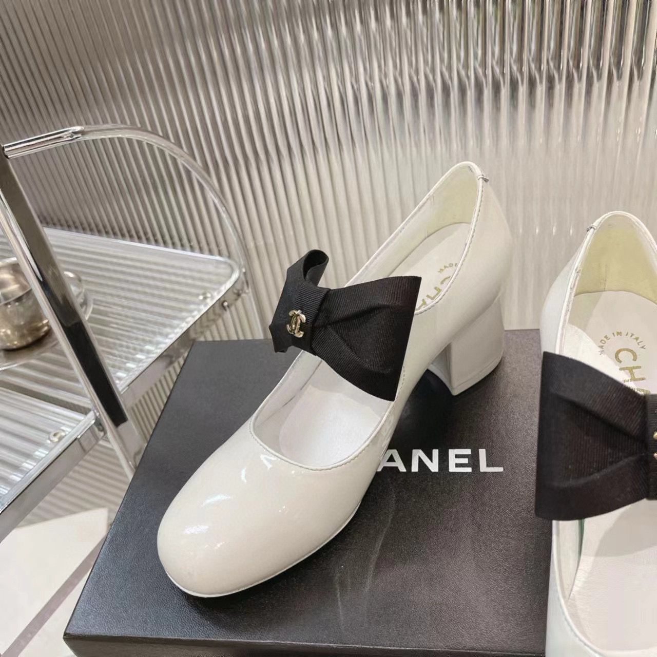 Chanel 24C Bow Mary Jane Shoes Original Patent Calf Leather 55MM Heels C85923 White