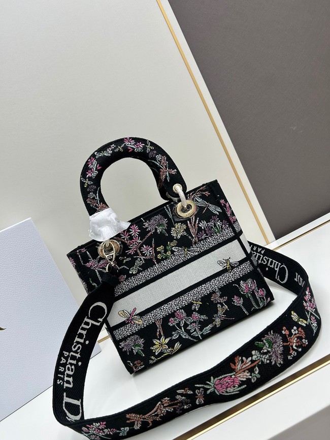 Medium Lady D-Lite Bag Black Multicolor Dior Herbarium Embroidery M0565OE