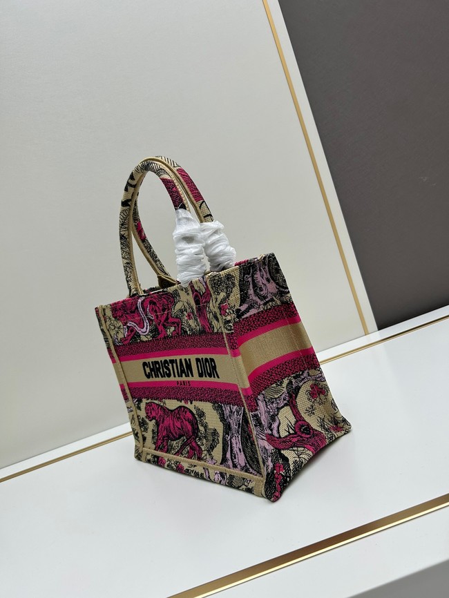 SMALL DIOR BOOK TOTE Raffia with Aquamarina Toile de Jouy Sauvage Embroidery M1296ZRf pink