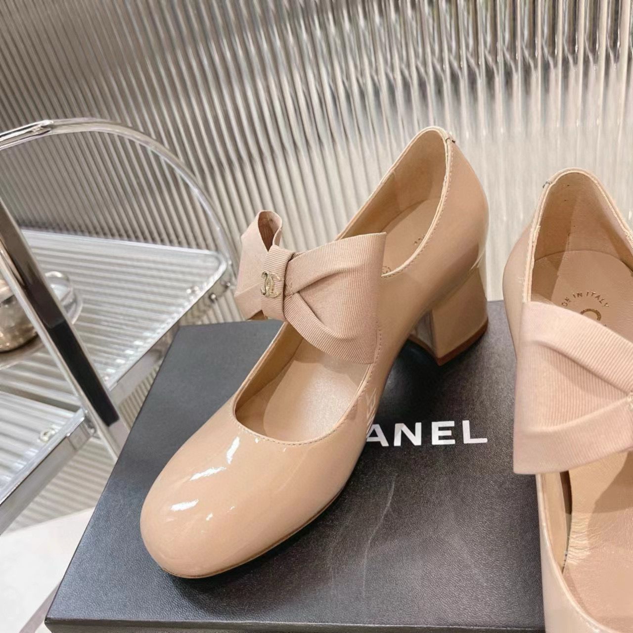Chanel 24C Bow Mary Jane Shoes Original Patent Calf Leather 55MM Heels C85923 Nude