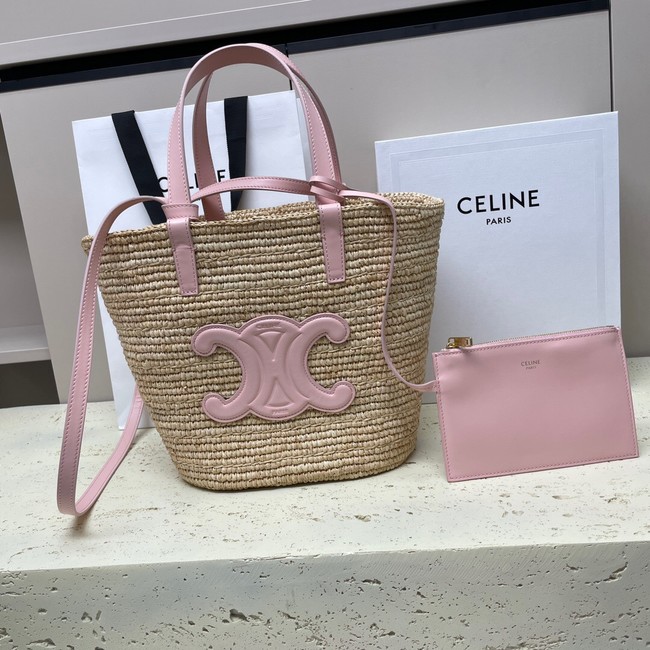 CELINE TEEN SUPPLE CELINE CLASSIC PANIER IN RAFFIA AND CALFSKIN 115802 PASTEL PINK