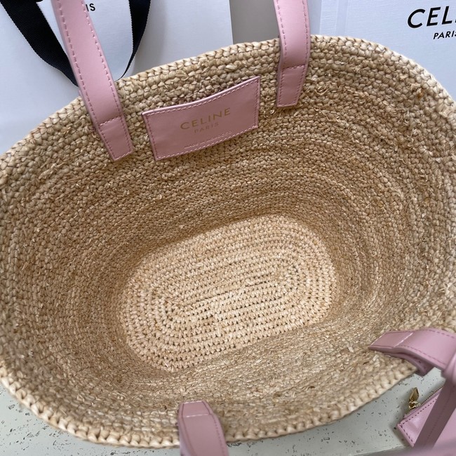 CELINE TEEN SUPPLE CELINE CLASSIC PANIER IN RAFFIA AND CALFSKIN 115802 PASTEL PINK