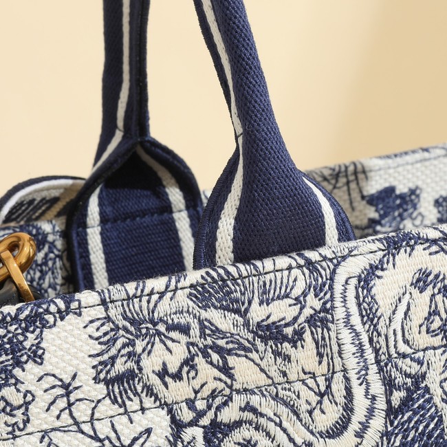 Medium Dior Book Tote White and Navy Blue Toile de Jouy Sauvage Embroidery with Navy Blue Calfskin M1324CE