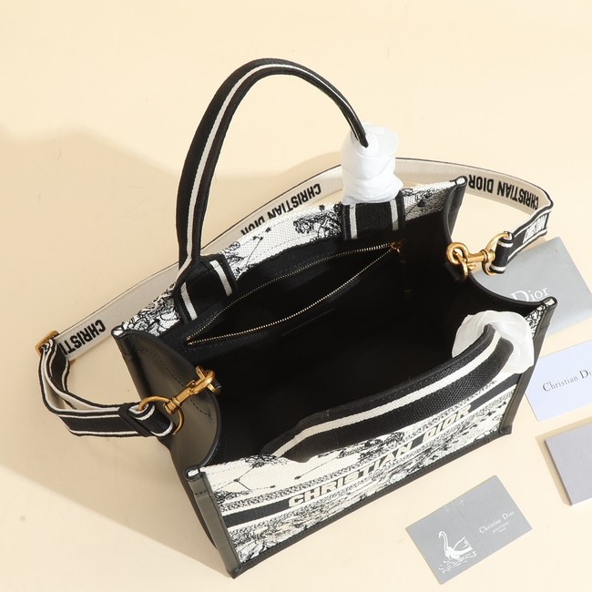 Small Dior Book Tote Latte Multicolor Dior Zodiac Embroidery and Black Calfskin M1325CET