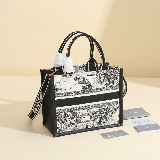 Small Dior Book Tote Latte Multicolor Dior Zodiac Embroidery and Black Calfskin M1325CET