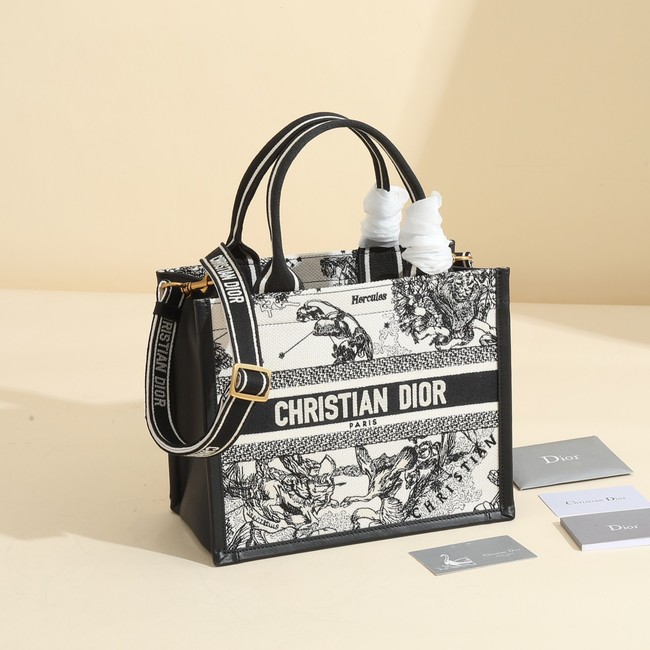 Small Dior Book Tote Latte Multicolor Dior Zodiac Embroidery and Black Calfskin M1325CET