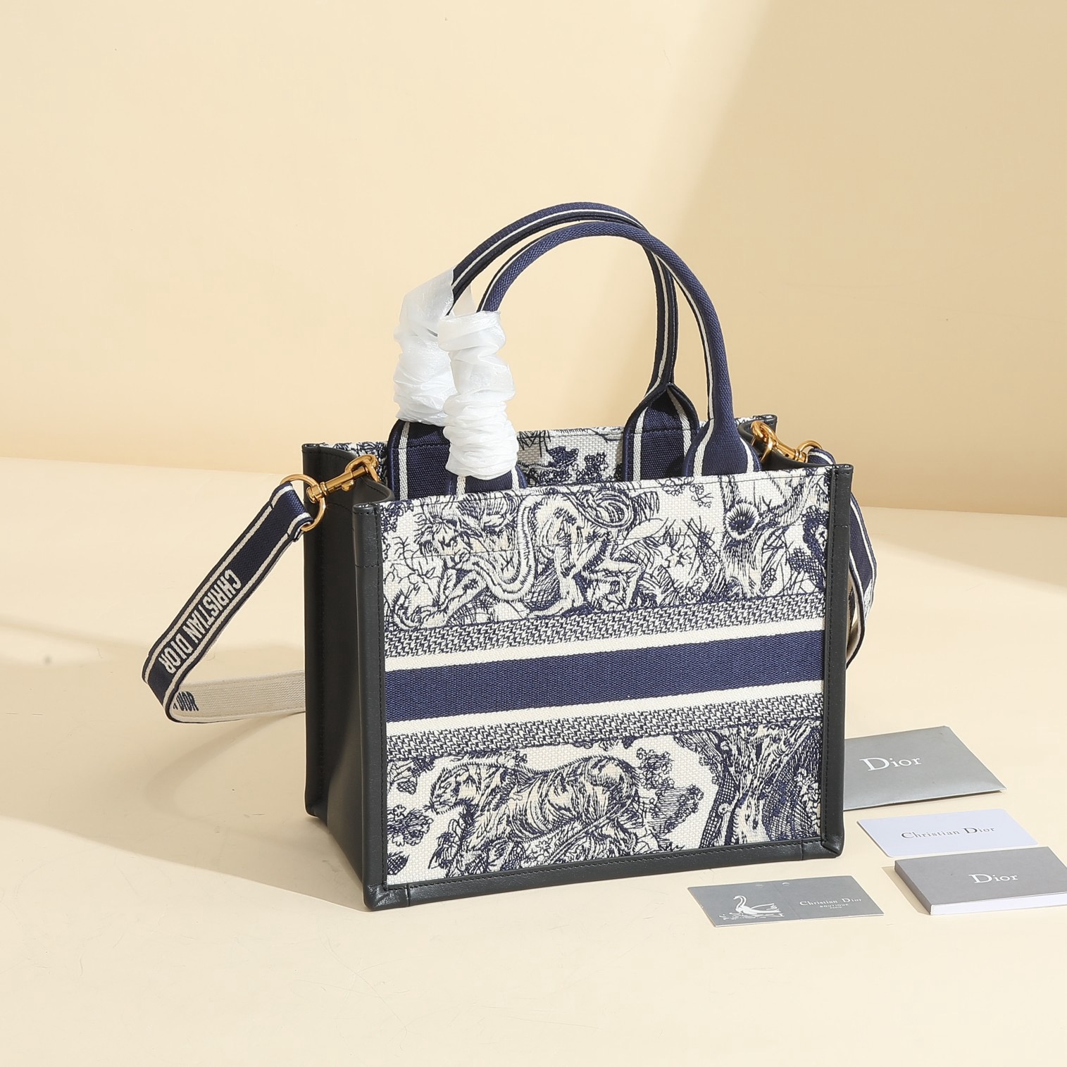 Small Dior Book Tote White and Navy Blue Toile de Jouy Sauvage Embroidery with Navy Blue Calfskin M1325CET